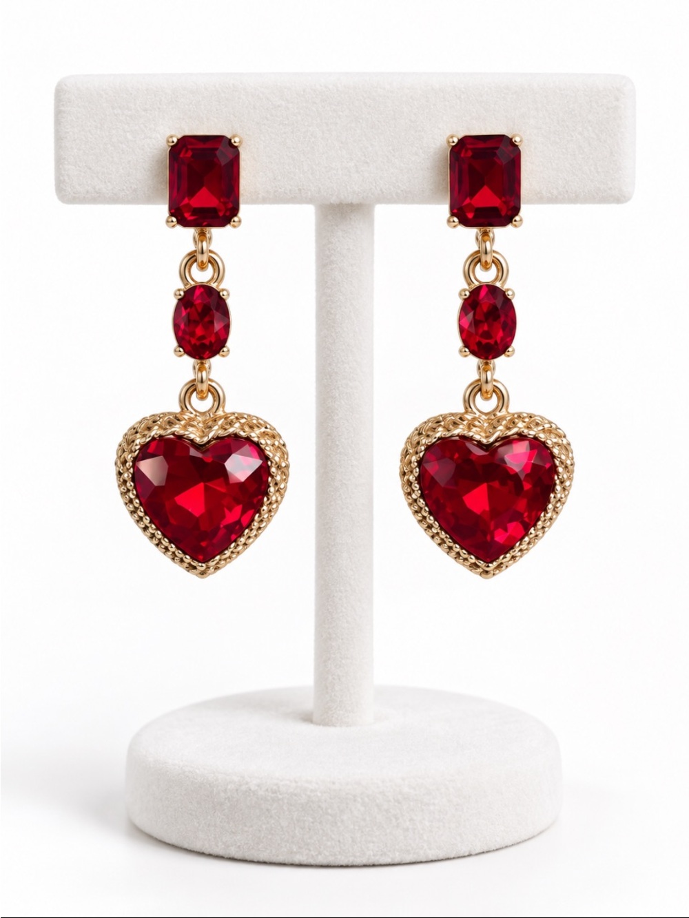 MINT Red Faceted Heart Dangle Earrings Gold-Tone 🌻🆕🌻